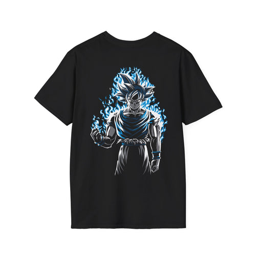 Anime Saiyan Aura T-Shirt – Blue Energy Back Print Graphic Tee